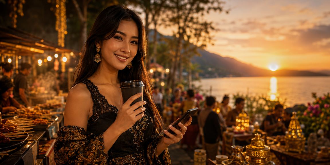 Seseorang menikmati casino mobile sambil minum kopi di kafe Vietnam